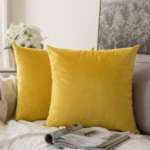 Pack of 2 Velvet‎ Soft Solid Decorative Square Throw Pillow Covers Lemon Yellow